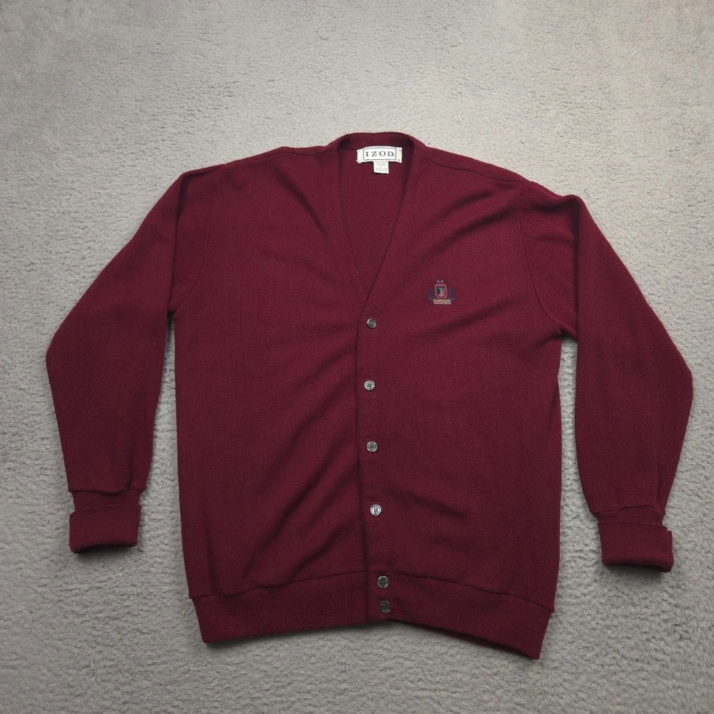 Vintage IZOD Cardigan Sweater Mens Large Burgundy USA Made Crest Acrylic